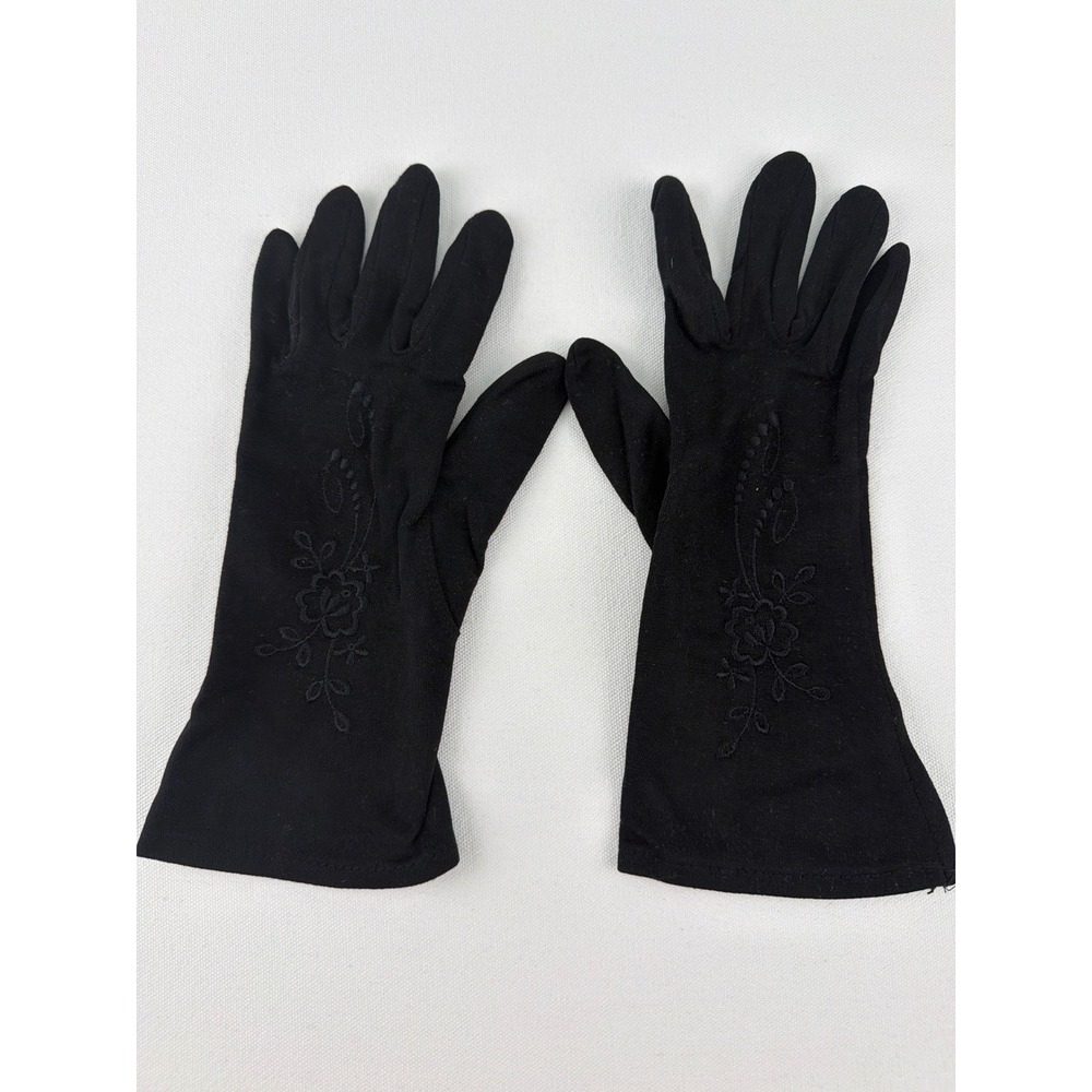Vintage Floral Embroidered Gloves Womens 6 Black Rayon Mid Length Gothic Retro